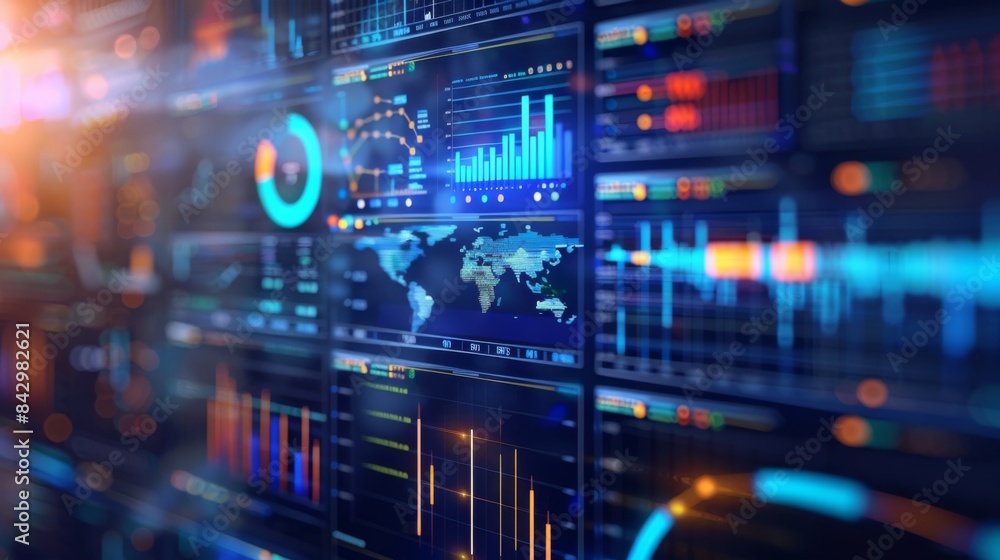 Floating holographic interface showcases dynamic business data and dramatic layouts Floating holographic interface showcases dynamic business data and dramatic layouts
