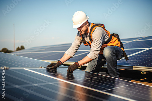 A man in an orange vest is working on a solar panel © Kowit