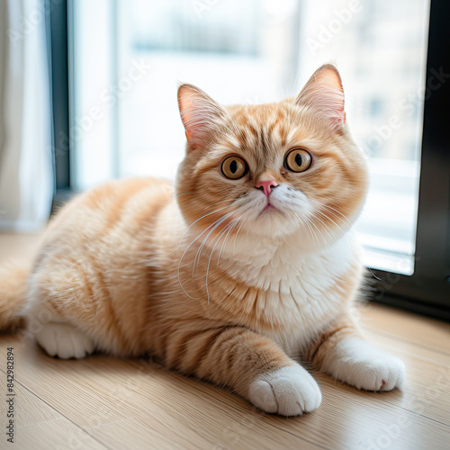 Wallpaper Mural A cat with a white face and orange fur is laying on a wooden floor Torontodigital.ca