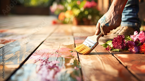 A man is painting a wooden deck with a brush photo