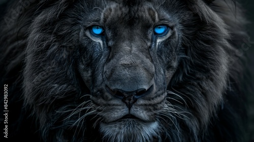 Close-up of a lion's face with a focus on its eyes. The lion has a dark, possibly black or charcoal grey mane, and striking blue eyes