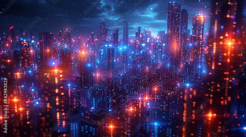 Futuristic neon cityscape at night with vibrant blue and orange lights illuminating towering skyscrapers and a bustling urban atmosphere. Futuristic neon cityscape at night with vibrant blue and orange lights illuminating towering skyscrapers and a bustling urban atmosphere.