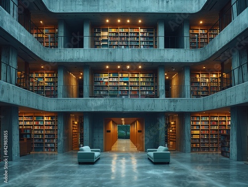 Modern multilevel library interior with bookshelves, cozy seating, and ambient lighting for a serene reading environment.