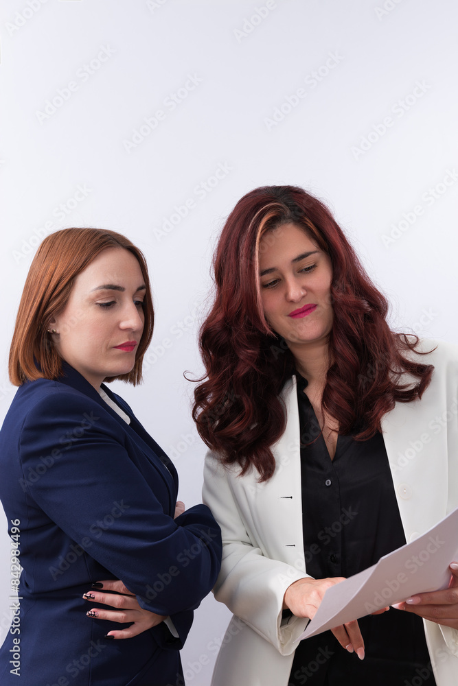 2 young business women with red hair looking at some papers. White background with copy space. Concept of business and woman 2 young business women with red hair looking at some papers. White background with copy space. Concept of business and woman