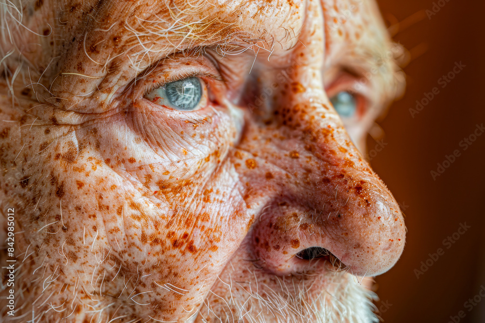 Portrait of elderly person with freckles, blue eyes, and detailed facial features Portrait of elderly person with freckles, blue eyes, and detailed facial features
