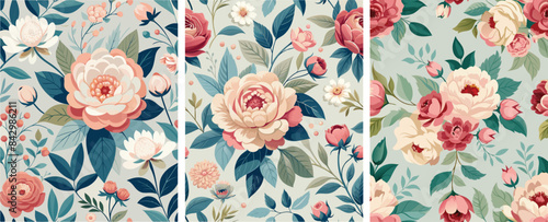 Flower and plant. Floral classic seamless print in shabby chic style. Flowers vector illustration: peony, rose, aster, leaves and plants for background.