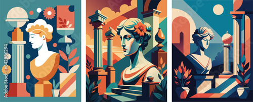 Exhibition, abstract art and antiquity. Vector modern illustrations of abstract shapes, ancient greek column, peonies pattern, goddess sculpture and god bust for background.