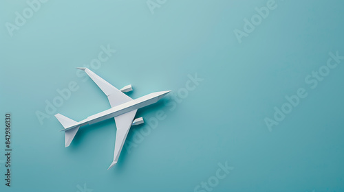 A minimalist white airplane model set against a blue background, representing travel, aviation, and simplicity in design. 