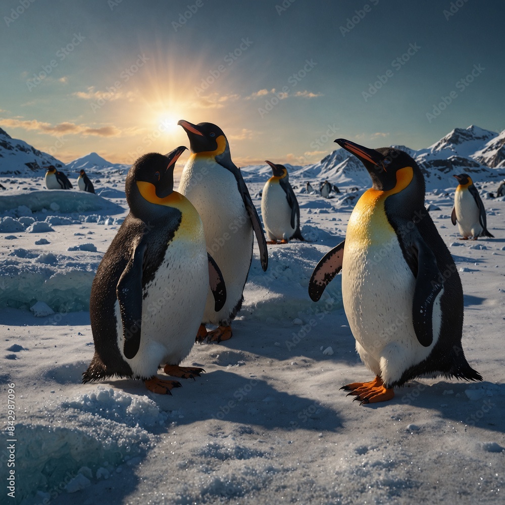Obraz premium penguins vibes with frozen land background