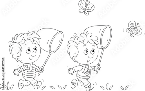 Funny little boys merrily running and catching butterflies with butterfly nets on a summer day in countryside, black and white vector cartoon illustration for a coloring book