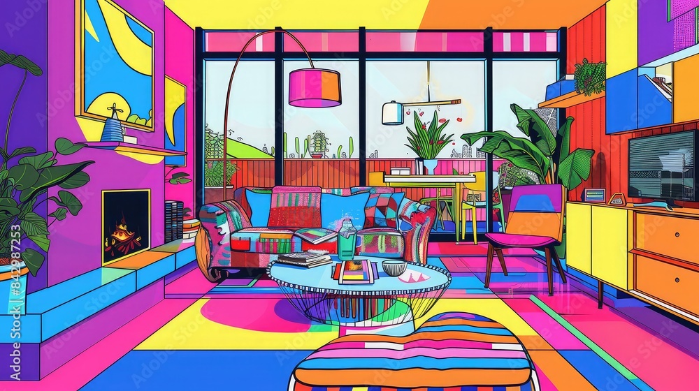 Friends setting up a stylish, tech-filled living space, lively and contemporary, Pop Art, Digital, Vivid tones Friends setting up a stylish, tech-filled living space, lively and contemporary, Pop Art, Digital, Vivid tones