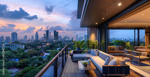 the terrace and living room interior in an apartment overlooking Bangkok's skyline, with modern furniture and lighting that highlights its design details. photo