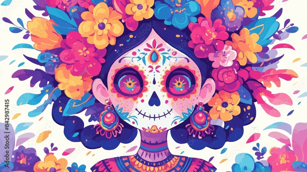 An adorable girl s sugar skull in the lively Day of the Dead design depicted as a standalone 2d illustration against a crisp white backdrop An adorable girl s sugar skull in the lively Day of the Dead design depicted as a standalone 2d illustration against a crisp white backdrop