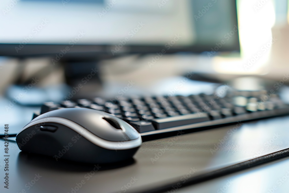 A black wireless mouse and keyboard on a desk, with a computer monitor in the background. The image evokes a sense of productivity and work. A black wireless mouse and keyboard on a desk, with a computer monitor in the background. The image evokes a sense of productivity and work.