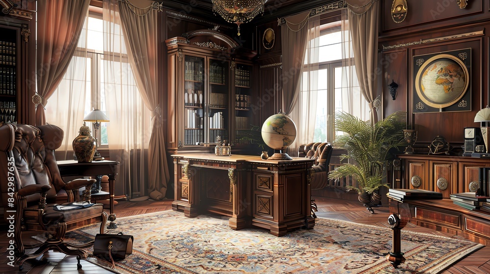 A classic study with a large wooden desk, leather chairs, and a globe in the center of the room. Sun shines through the windows. A classic study with a large wooden desk, leather chairs, and a globe in the center of the room. Sun shines through the windows.