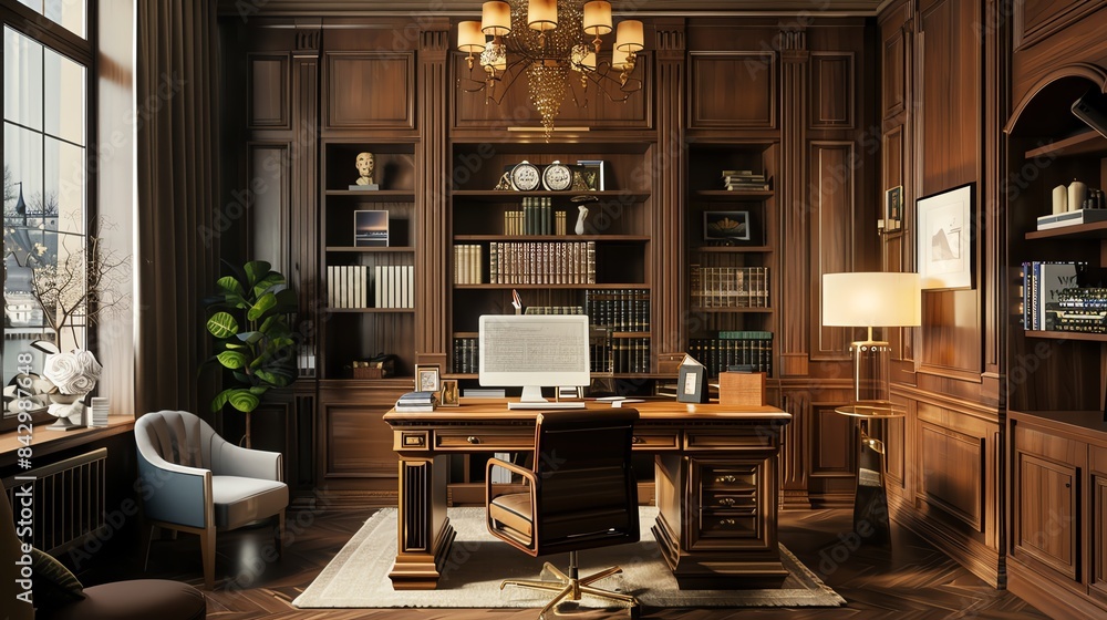 A classic wooden home office with a large desk, bookshelves, and a comfortable chair. The room is filled with natural light and has a warm and inviting atmosphere. A classic wooden home office with a large desk, bookshelves, and a comfortable chair. The room is filled with natural light and has a warm and inviting atmosphere.