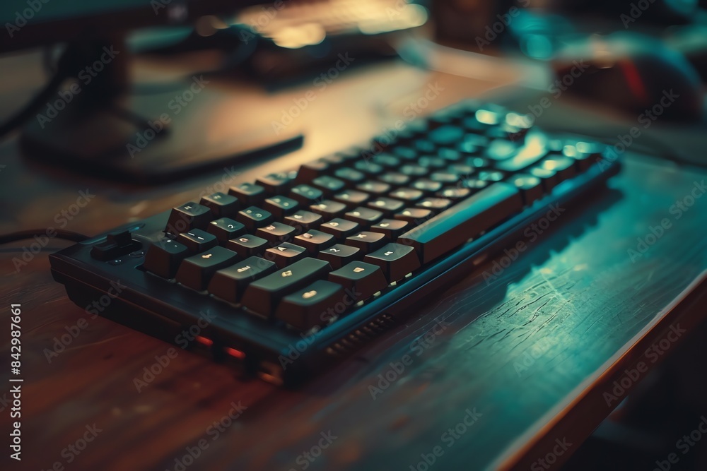 A close-up of a black mechanical keyboard on a wooden desk with a warm light illuminating the keys. A close-up of a black mechanical keyboard on a wooden desk with a warm light illuminating the keys.