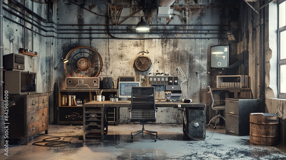 A dimly lit industrial workspace with a desk, computer, and various vintage items. The room has a worn, gritty aesthetic. A dimly lit industrial workspace with a desk, computer, and various vintage items. The room has a worn, gritty aesthetic.