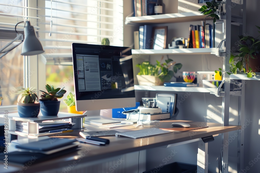 A modern home office with a computer, plants, and natural light streaming through the window. A modern home office with a computer, plants, and natural light streaming through the window.