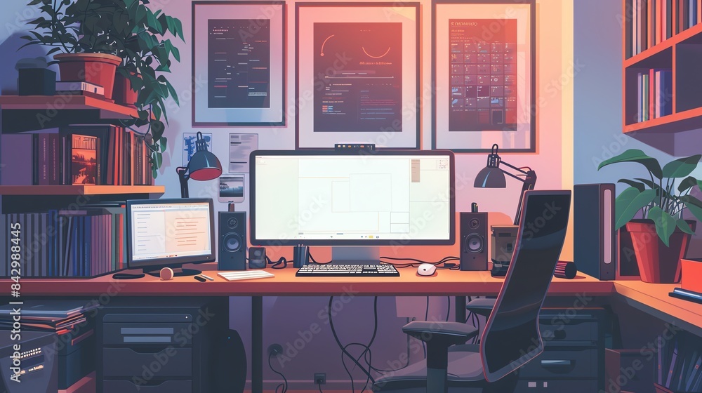 A modern home office with a desk, computer, and plants. The room is lit with warm light, creating a cozy atmosphere. A modern home office with a desk, computer, and plants. The room is lit with warm light, creating a cozy atmosphere.