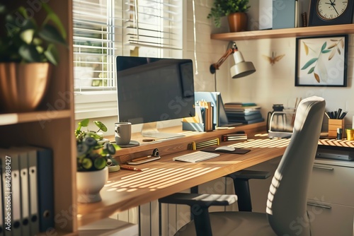 Wallpaper Mural A modern home office with a computer, desk, chair and plants. The room is bright and airy with natural light streaming in. Torontodigital.ca