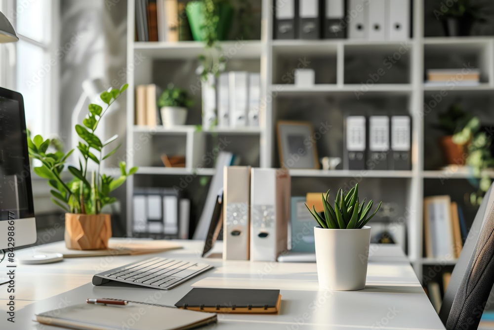 A modern office desk with a computer, keyboard, notebook, and potted plants. The background features a bookshelf filled with books and files. A modern office desk with a computer, keyboard, notebook, and potted plants. The background features a bookshelf filled with books and files.