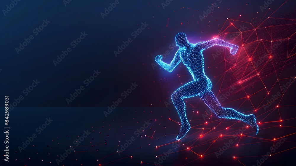 Digital athlete running, body formed by blue and red glowing lines on dark background Digital athlete running, body formed by blue and red glowing lines on dark background