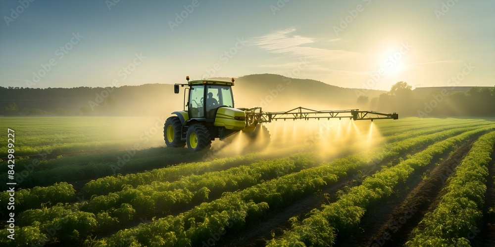 Tractor spraying crops in a farm field. Concept Agriculture, Farming, Crop Spraying, Tractor, Rural Life Tractor spraying crops in a farm field. Concept Agriculture, Farming, Crop Spraying, Tractor, Rural Life
