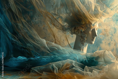 Abstract portrait of a woman with flowing hair and fabric, captured in a dreamy, ethereal style.