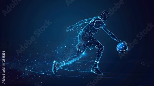 Futuristic basketball player silhouette, blue glowing lines and light nodes on dark background © HY