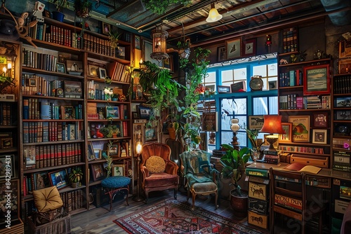 Cozy reading nook filled with bookshelves, a comfy chair, and natural light streaming through a window.