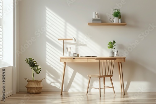 Minimalist home office with wooden desk, chair, and plants. Sunlight streams through window, creating warm, inviting atmosphere.