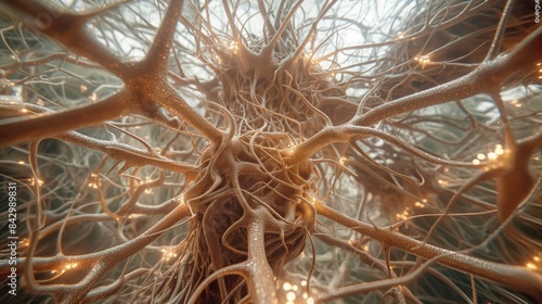 A detailed microscopic view of a neuron, highlighting its intricate web of axons and dendrites