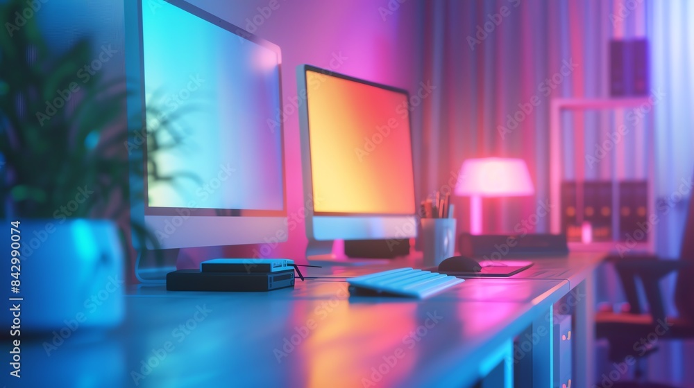 Modern home office with vibrant colored lights and a desk lit by a lamp. Modern home office with vibrant colored lights and a desk lit by a lamp.