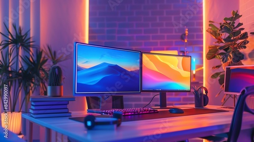 Wallpaper Mural Modern home office with two monitors, plants, and colorful lighting.  A desk with a keyboard, mouse, and headphones.  A sleek, stylish workspace. Torontodigital.ca