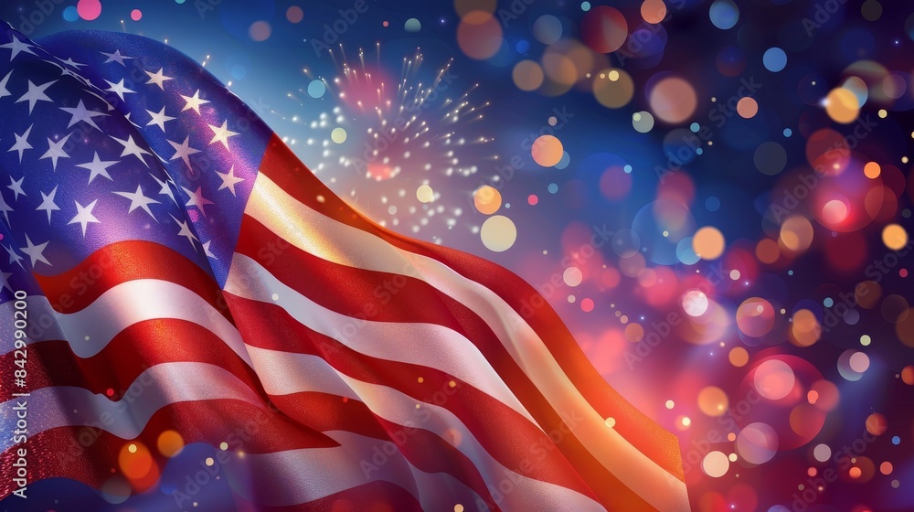 Glittering american flag fluttering with fireworks in the background in a realistic photograph Glittering american flag fluttering with fireworks in the background in a realistic photograph