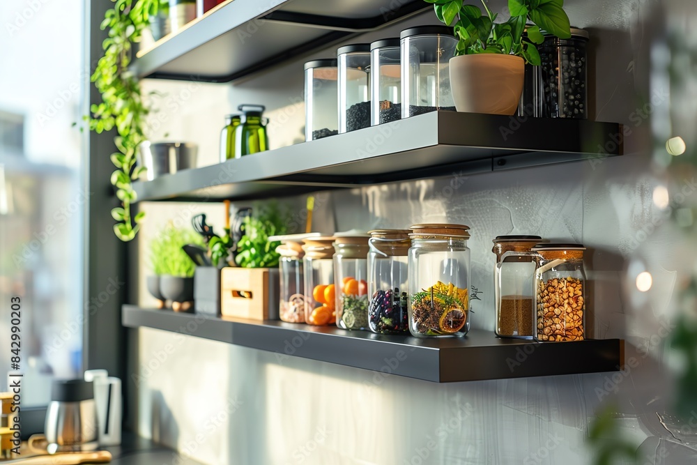 Modern kitchen shelves with various items and plants, including jars of spices and potted greenery.