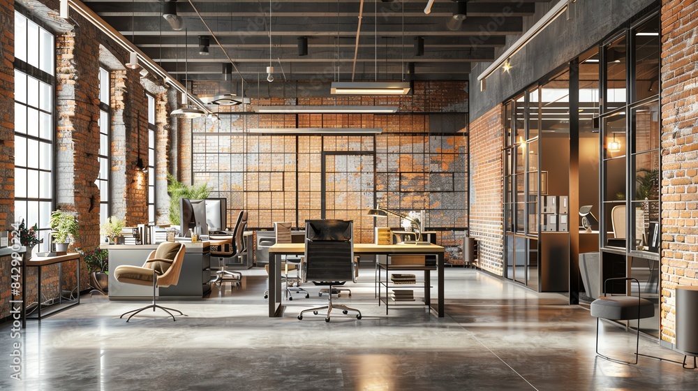 Modern loft office with exposed brick walls, large windows, and sleek furniture. Modern loft office with exposed brick walls, large windows, and sleek furniture.