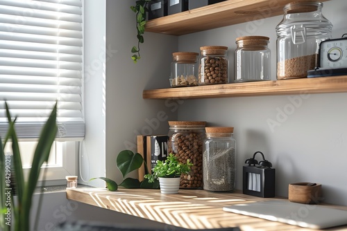 Modern kitchen with wooden shelves  glass jars  and a plant. Sunlight streams through the window.