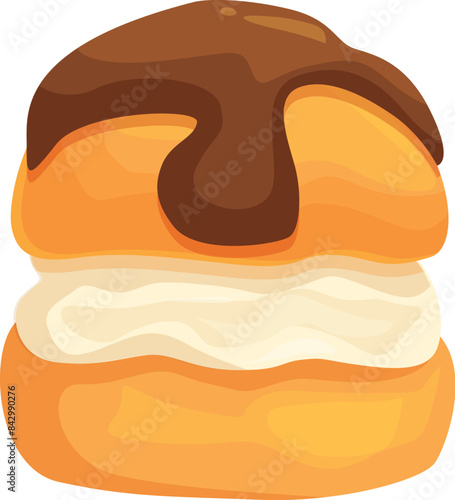 Appetizing round cake filled with cream and covered with chocolate sauce isolated on white background