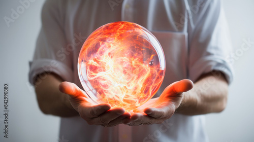 a person holds a burning ball in his hands  inside of which are energy-efficient technologies  generators  the concept of knowledge  light 