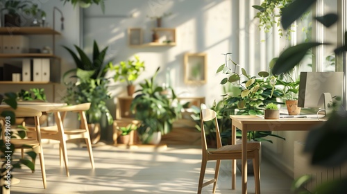 Sunlight streams through windows illuminating a cozy room filled with lush greenery and wooden furniture.