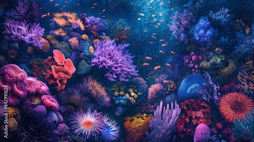 A vibrant underwater scene featuring a coral reef teeming with colorful coral and fish