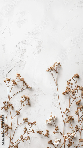 Mock up image of paper and flowers on white background, in the style of brown and bronze, #myportfolio, minimalist canvases, white and brown, uhd image, aerial view, texture-rich photo