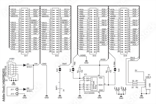 Schematic diagram of electronic device on sheet of paper. Vector drawing electrical circuit with usb connector,
resistor, integrated circuit, memory chip, 
diode, microcontroller, other components.