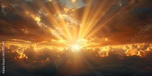 Dramatic golden sky with sun rays breaking through clouds symbolizing hope and faith. Concept Golden Sky, Sun Rays, Hope, Faith, Dramatic Sky