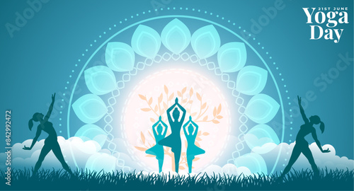 International yoga day design poster, World Yoga Day Design: Mandala Art and Yoga Silhouettes, Celebrate Yoga Day with Meditation and Mandala Art