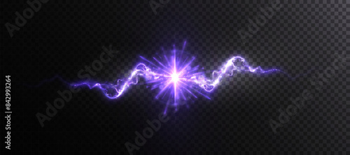 Realistic bright electric lightning discharge with glowing explosion effect with sparks and glare.