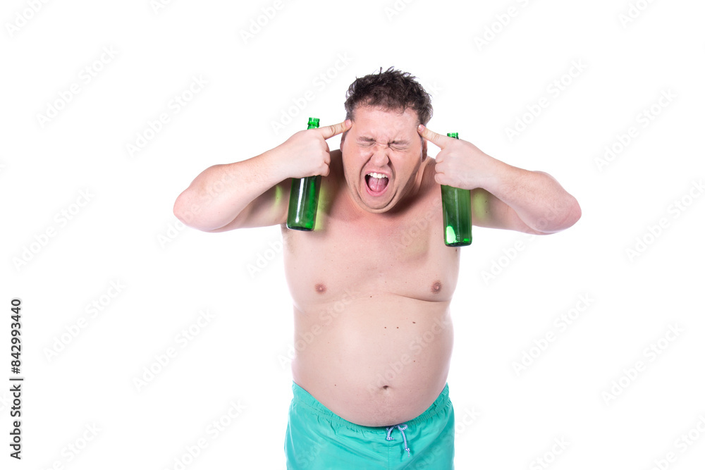 Funny fat man drinks beer and dreams of vacation. White background. Funny fat man drinks beer and dreams of vacation. White background.
