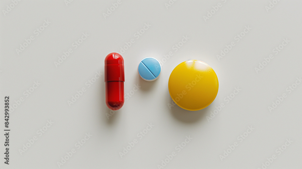 A realistic photo of a couple of pills and tablets: one colorful capsule and one round tablet, arranged neatly on a clean, white background. The image should emphasize the importance of medication A realistic photo of a couple of pills and tablets: one colorful capsule and one round tablet, arranged neatly on a clean, white background. The image should emphasize the importance of medication